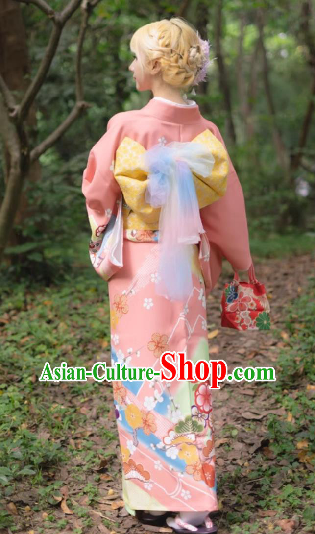 Printed Traditional Formal Japanese Kimono Women Visiting Kimono Pink Wedding Dress