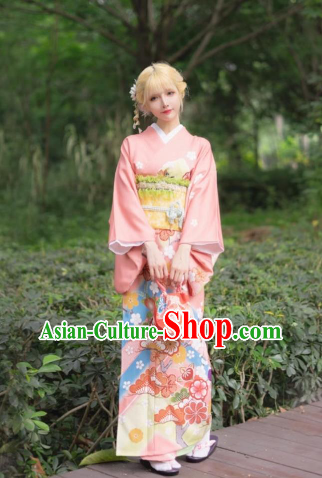 Printed Traditional Formal Japanese Kimono Women Visiting Kimono Pink Wedding Dress