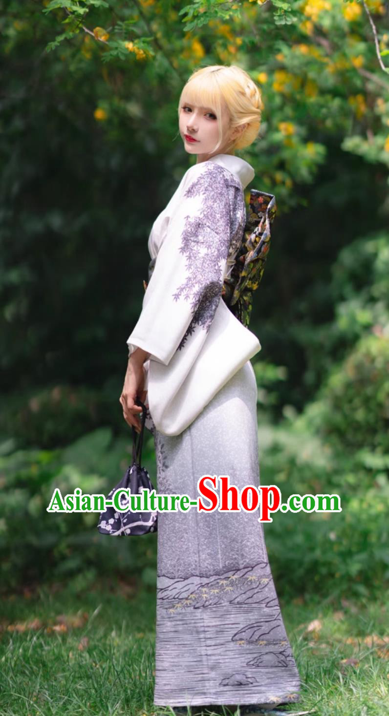 Printed Violet Dress Traditional Formal Attire Japanese Kimono Women Visiting Kimono