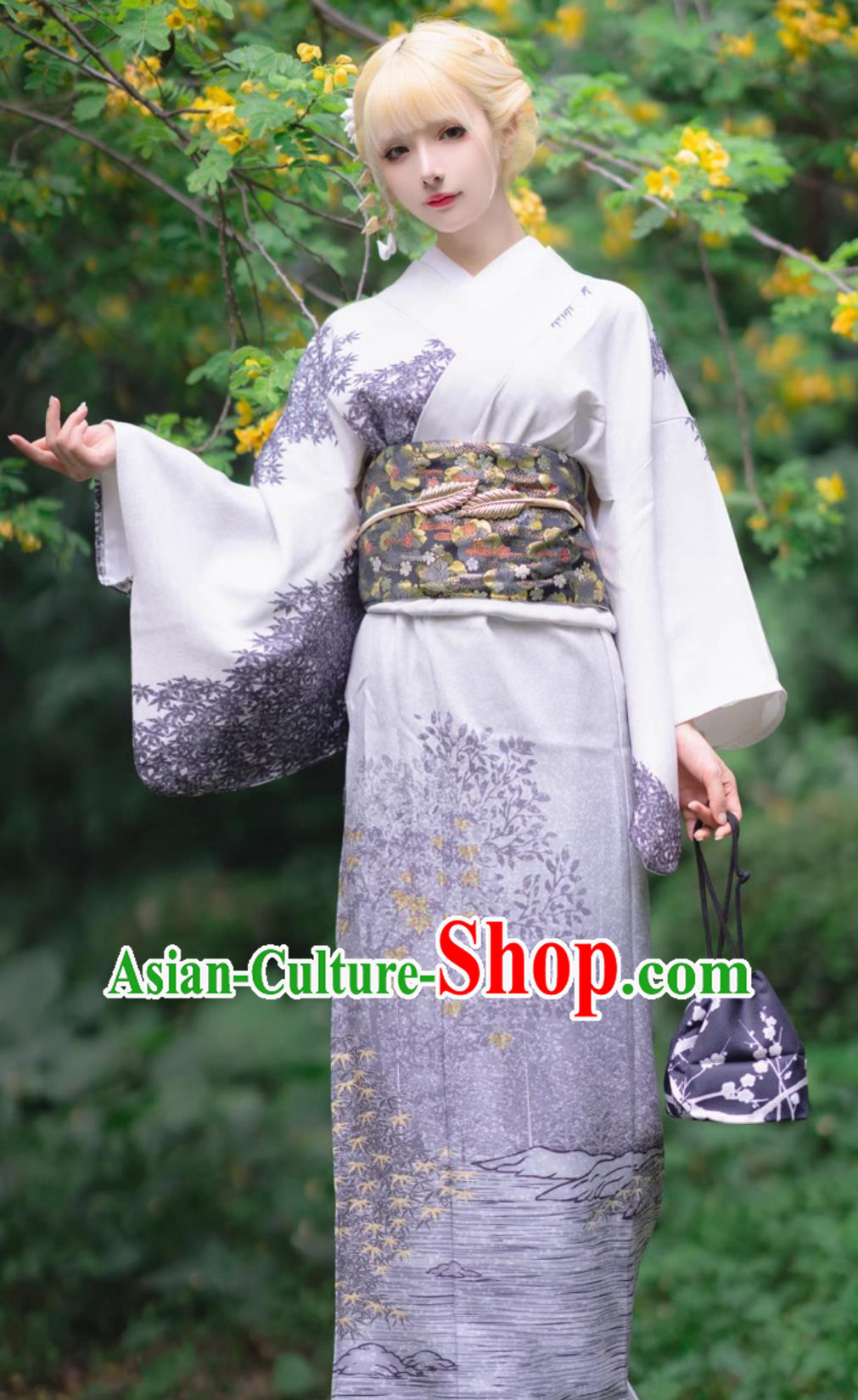 Printed Violet Dress Traditional Formal Attire Japanese Kimono Women Visiting Kimono