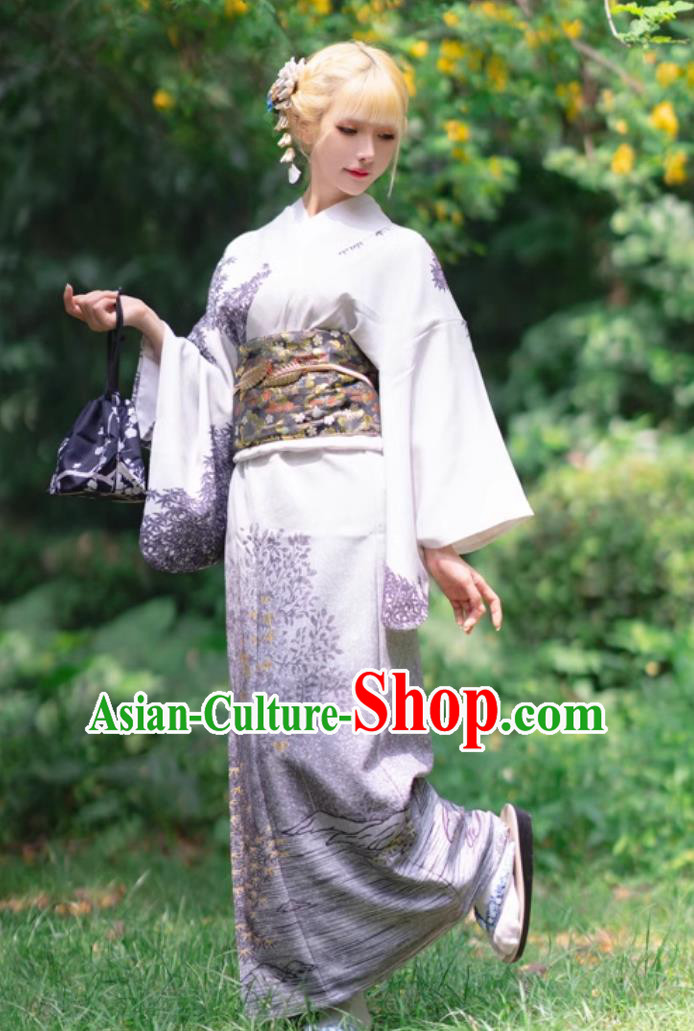 Printed Violet Dress Traditional Formal Attire Japanese Kimono Women Visiting Kimono