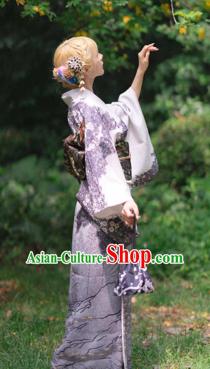 Printed Violet Dress Traditional Formal Attire Japanese Kimono Women Visiting Kimono