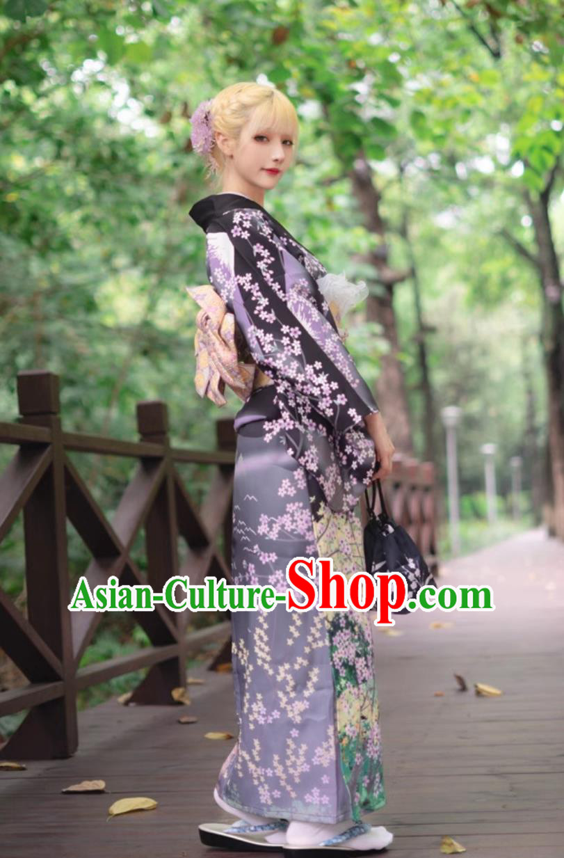 Women Visiting Kimono Printed Black Dress Traditional Formal Attire Japanese Kimono