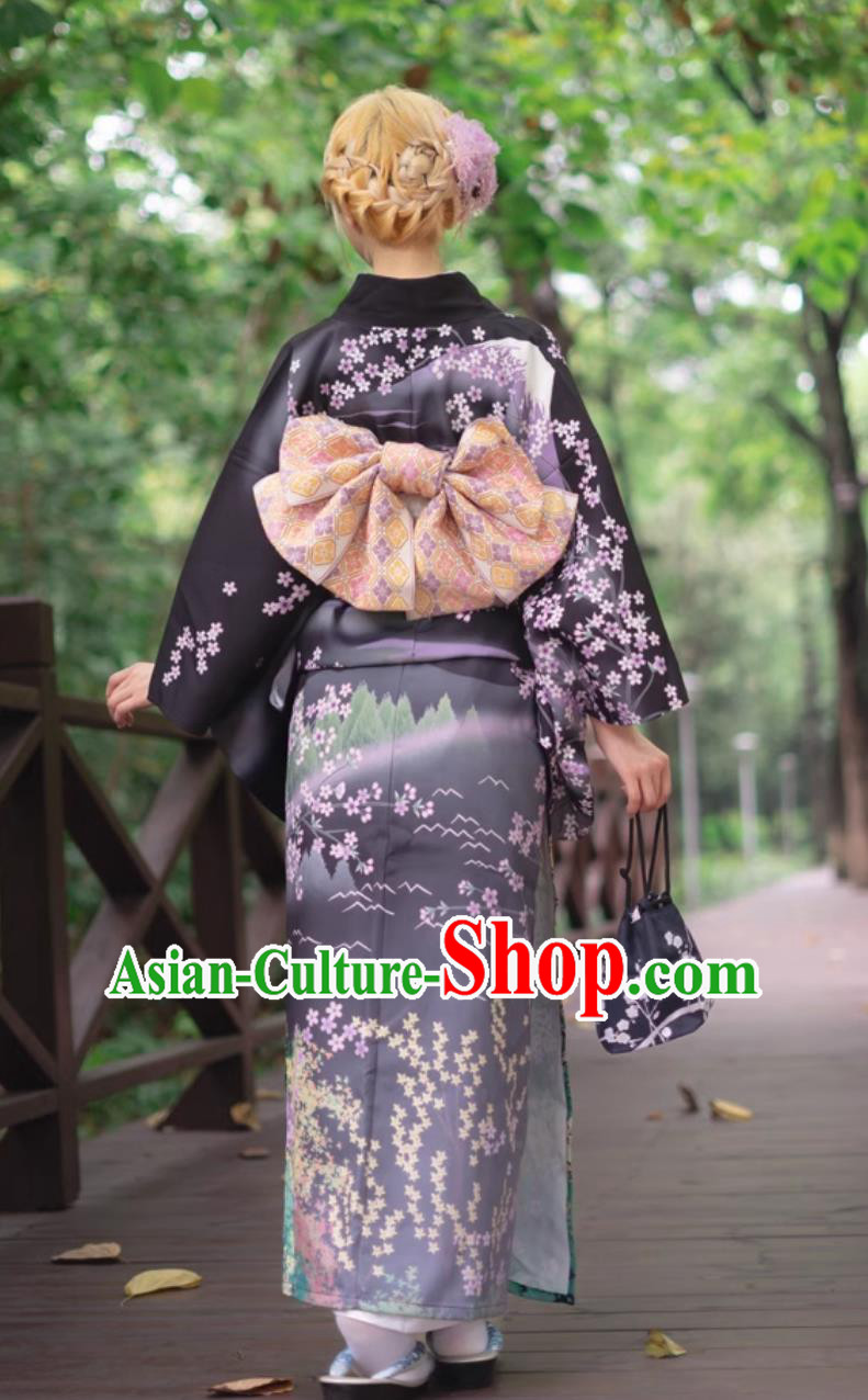 Women Visiting Kimono Printed Black Dress Traditional Formal Attire Japanese Kimono