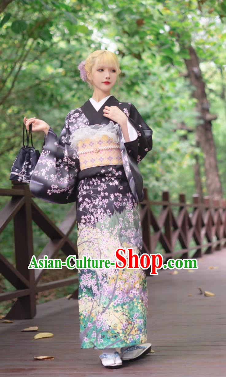 Women Visiting Kimono Printed Black Dress Traditional Formal Attire Japanese Kimono