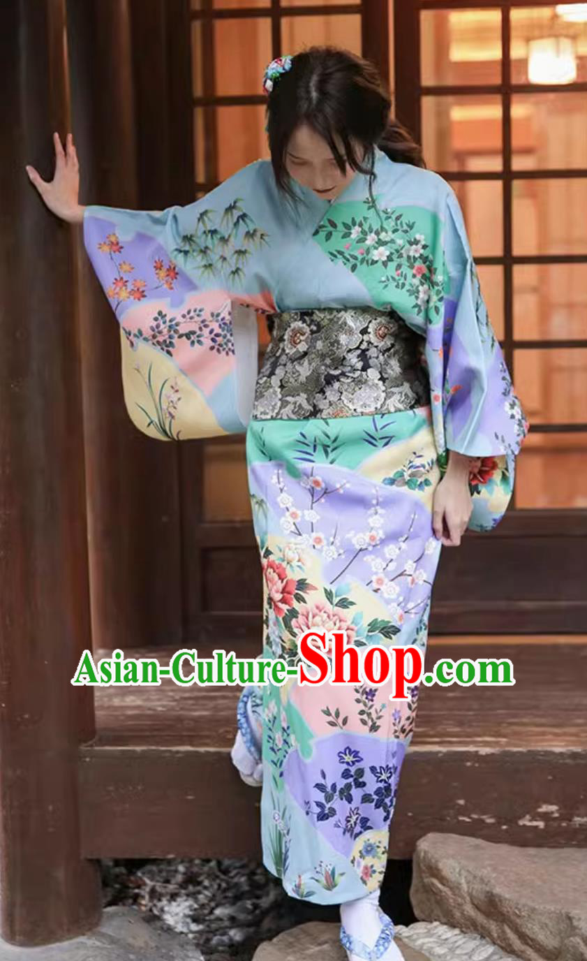 Japanese Kimono Women Blue Sakura Traditional Dress Improved Clothing