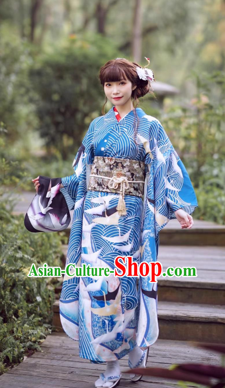 Taisho Style Japanese Traditional Clothing Long Sleeved Kimono For Women Blue Furisode Kimono