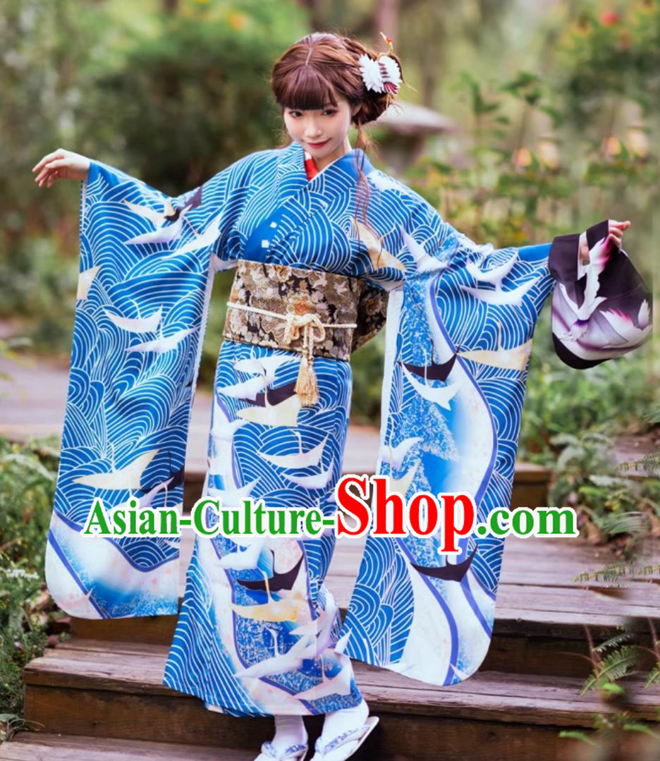 Taisho Style Japanese Traditional Clothing Long Sleeved Kimono For Women Blue Furisode Kimono