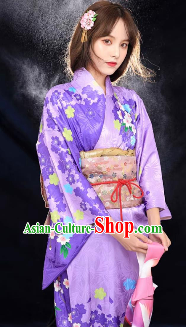Japanese Formal Kimono Print Purple Kimono Women Improved Clothing