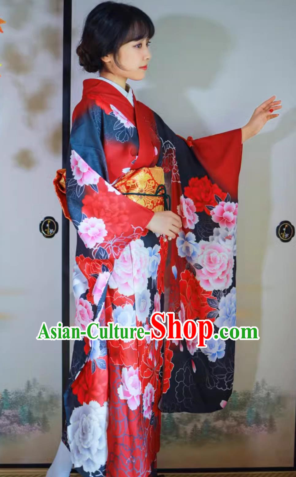Japanese Women Kimono Formal Attire Wine Red Floral Furisode Kimono