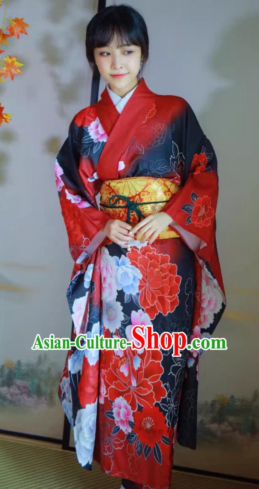 Japanese Women Kimono Formal Attire Wine Red Floral Furisode Kimono