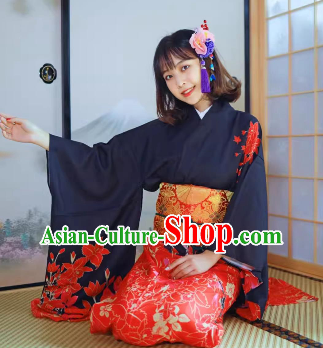 Japanese Printing Floral Furisode Kimono Women Kimono Formal Attire