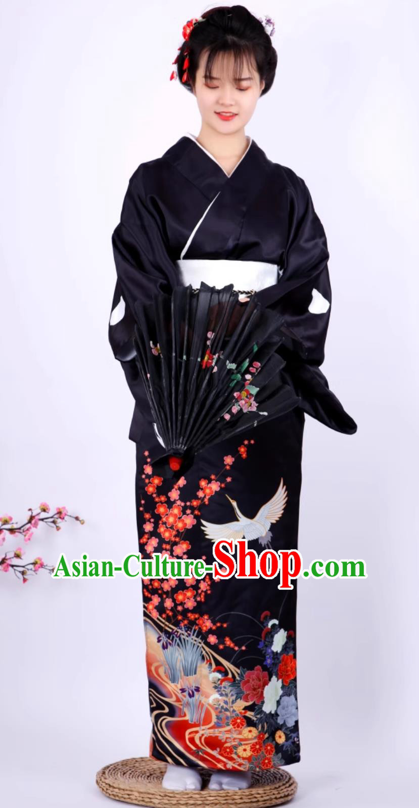 Japanese Kimono Women Formal Attire Traditional Black Sleeve Kimono Crane Kimono Set