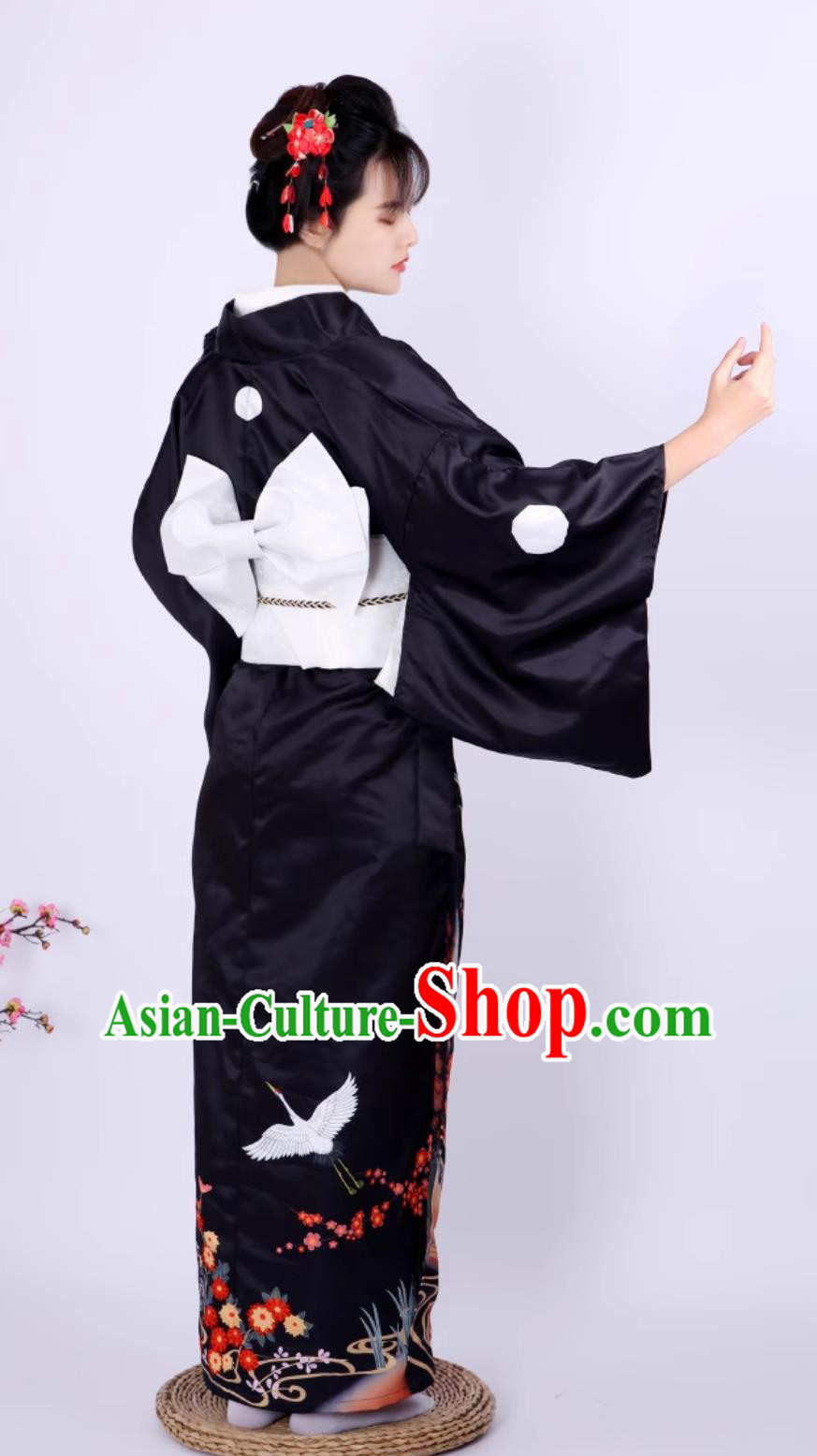Japanese Kimono Women Formal Attire Traditional Black Sleeve Kimono Crane Kimono Set