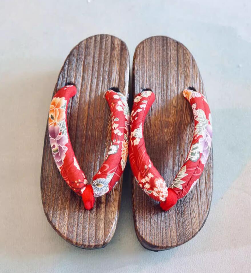 Japanese Classical Flower Pattern Red Slippers Japan Geta Traditional Clogs Handmade Shoes for Women