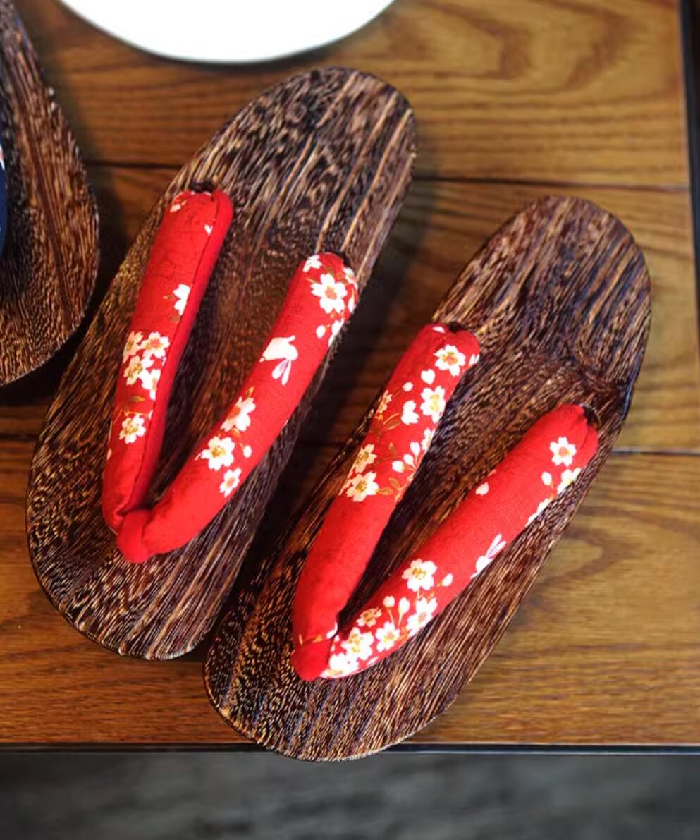 Japanese Handmade Shoes Classical Sakura Rabbit Pattern Red Slippers Japan Geta Traditional Clogs for Women