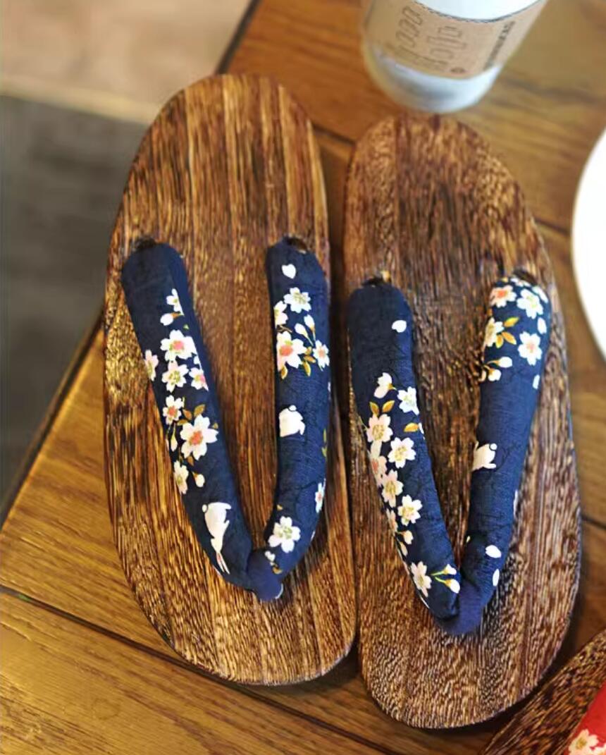 Japanese Traditional Clogs Handmade Shoes Classical Sakura Rabbit Pattern Dark Blue Slippers Japan Geta for Women