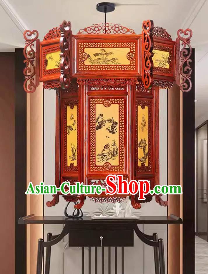 55cm Antique Palace Lantern Chinese Style Solid Wood Hexagonal Landscape Palace Lantern Yellow Sheepskin New Year Lantern