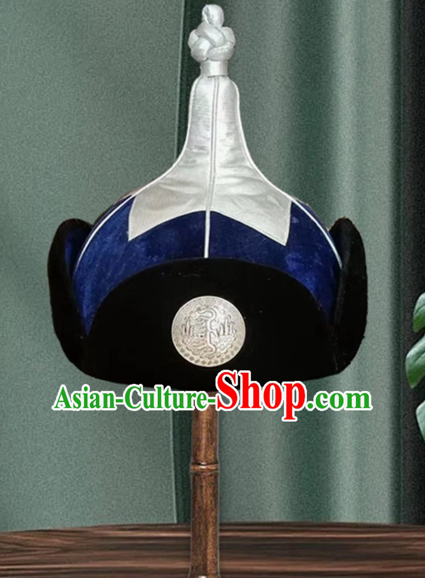 Navy Blue Men Mongolian Hat Ethnic Style Dance Performance Ancient Crown Prince Hat Headwear