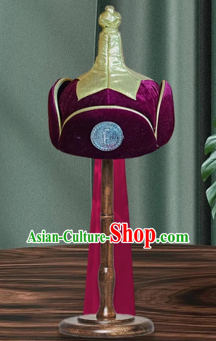 Burgundy Men Mongolian Hat Ethnic Style Dance Performance Ancient Crown Prince Hat Headwear