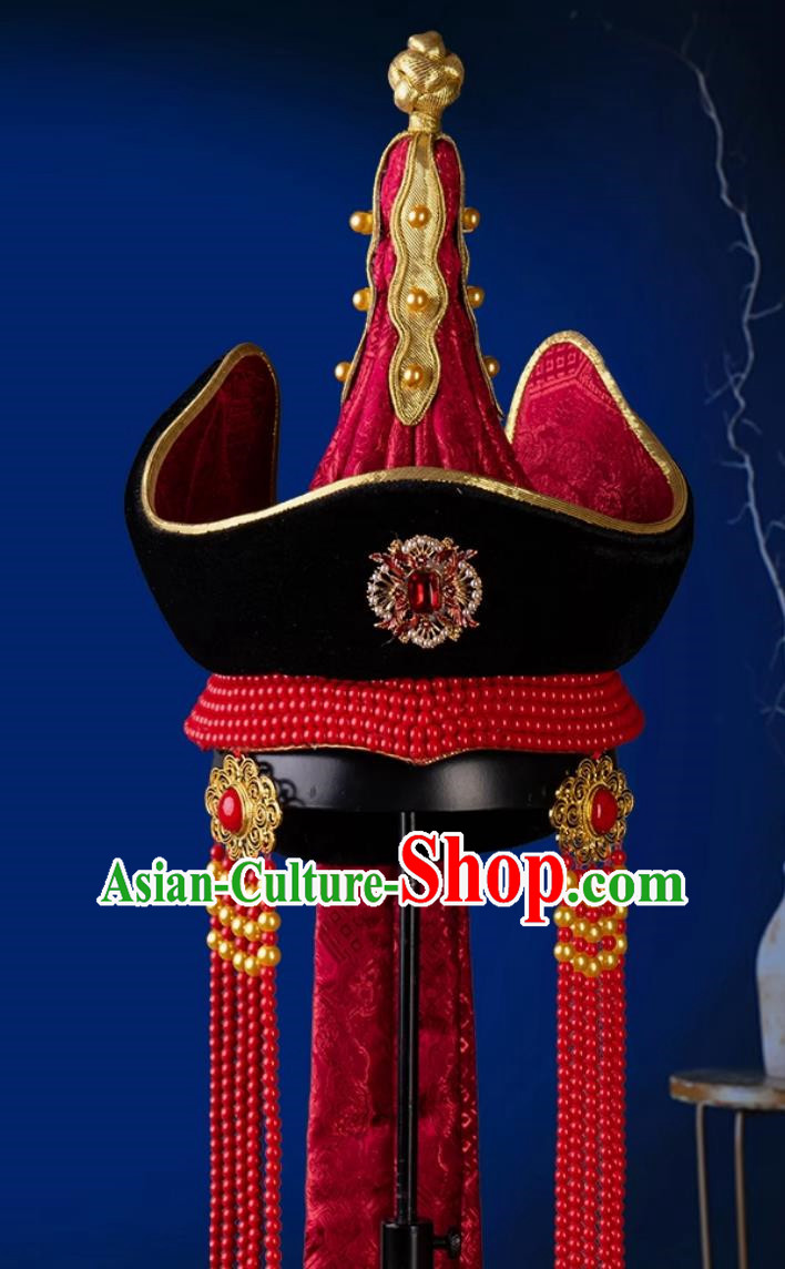 Mongolian Wedding Headdress Hat Princess Hat Heavy Industry Ethnic Dance Performance Female Bride Red Hair Accessories