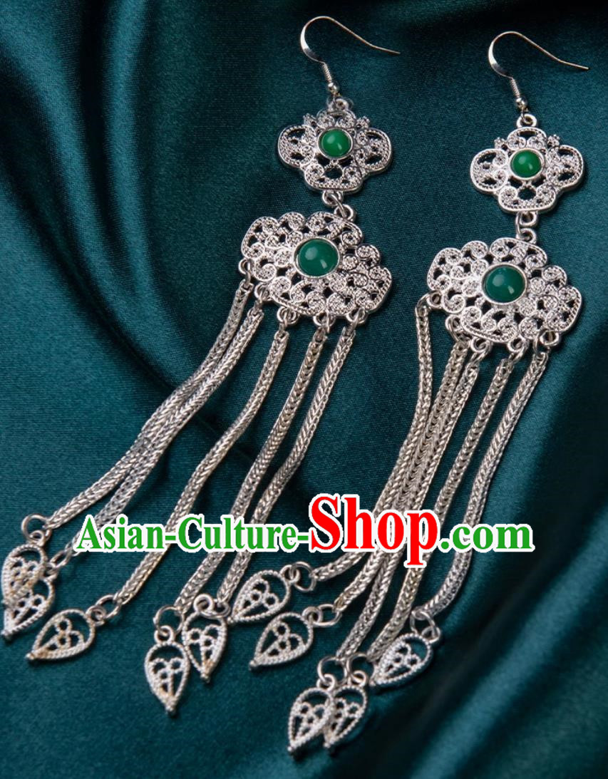 Tibetan Jewelry Earrings Silver Jewelry Long Tassel Earrings Mongolian Minority Style Performance Accessories