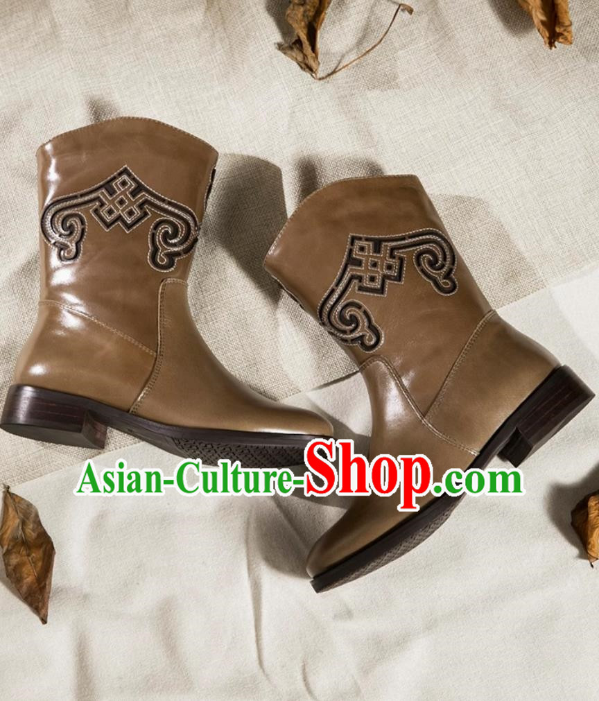 Mongolian Women Pure Leather Dance Performance Test Boots For Ethnic Minorities Medium High Martin Boots High Heels Brown