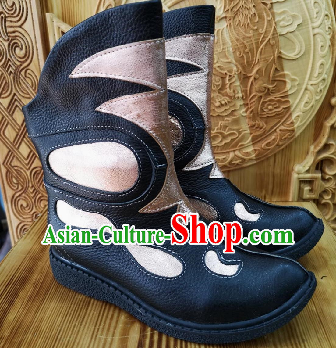 Black Children Mongolian Boots Autumn And Winter Ethnic Style Leather Boots Genuine Leather Martin Boots Knight Boots Dance Performance Boots