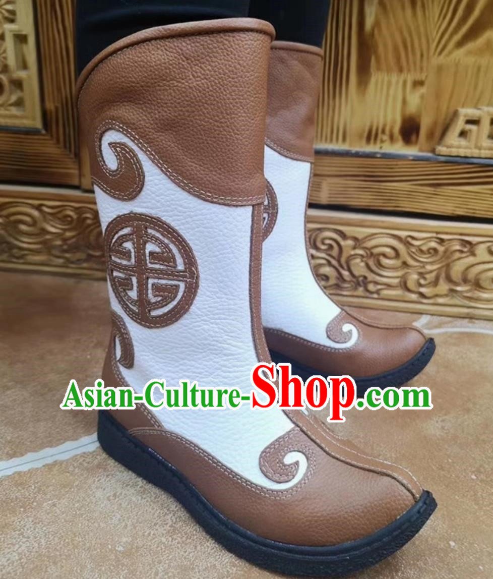 Light Brown Children Mongolian Boots Ethnic Style Genuine Leather Knight Boots Martin Boots For Boys And Girls Dance Performances Daily Life Boots