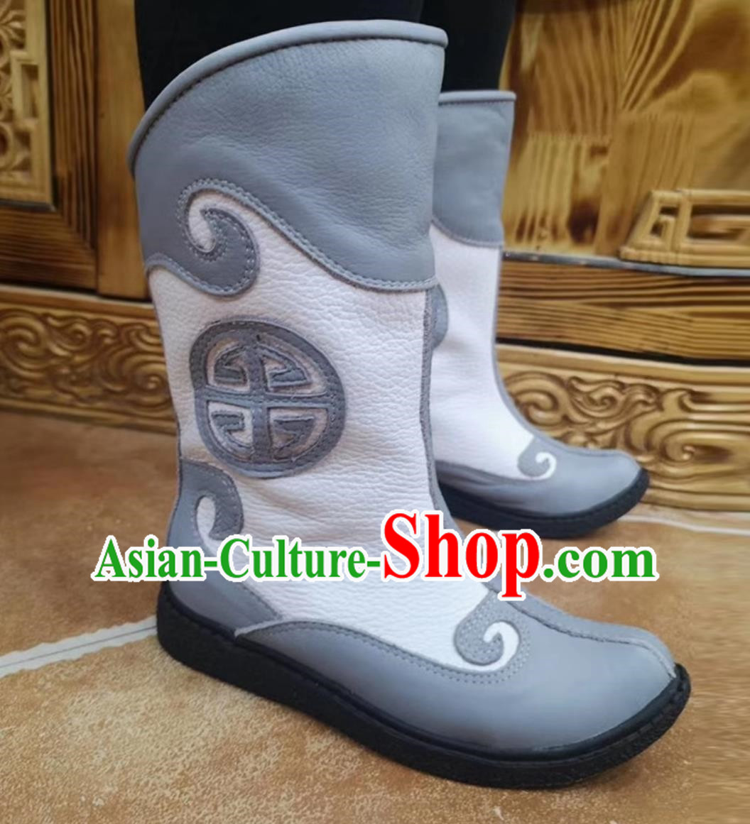 Light Gray Children Mongolian Boots Ethnic Style Genuine Leather Knight Boots Martin Boots For Boys And Girls Dance Performances Daily Wear Boots