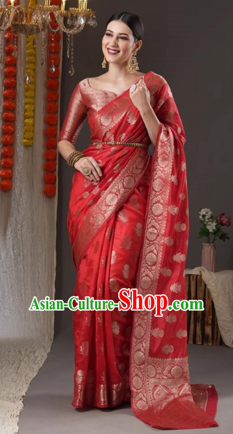 Big Red Organza Jacquard Indian Saree Traditional Wedding Party Festive Ladies Wrap Dress