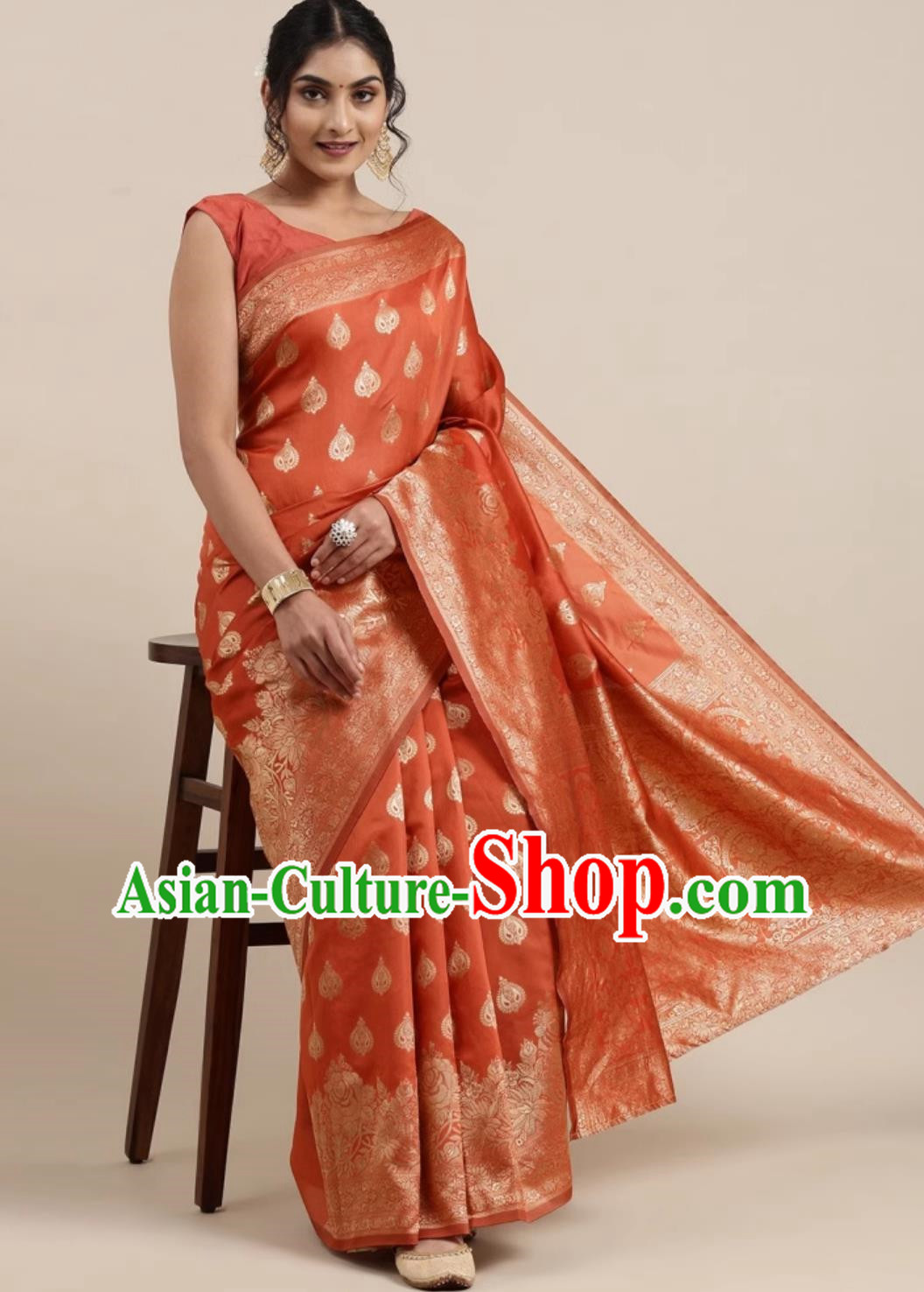 Orange Indian Sari Silk Jacquard Traditional National Festival Ladies Wrap Skirt Sari