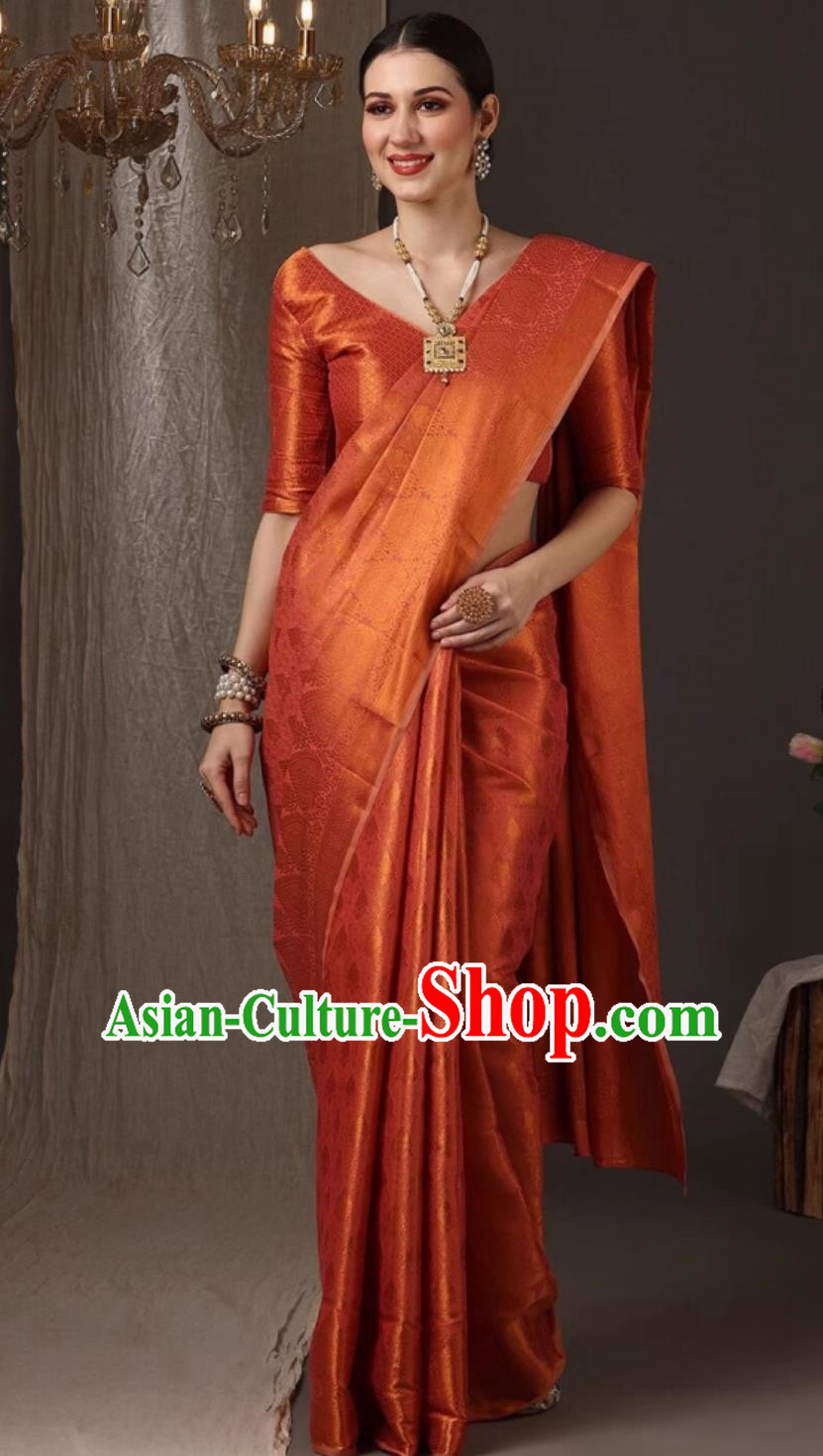 Orange Silk Blended Jacquard Indian Sari Solid Color National Daily Women Wrap Skirt Sari