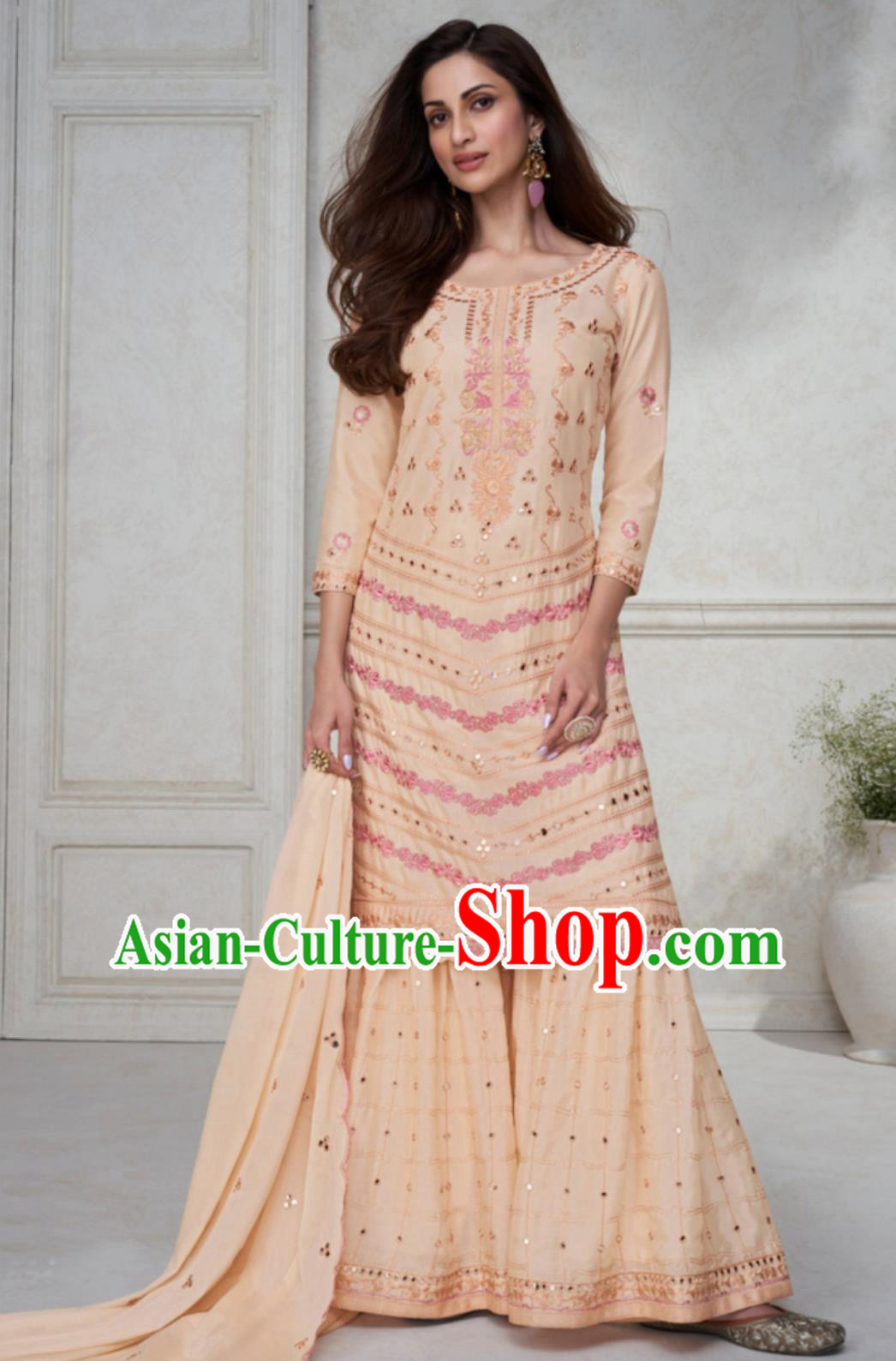 Peach Pink Indian Panchabi Three Piece National Embroidered Traditional Women Clothes