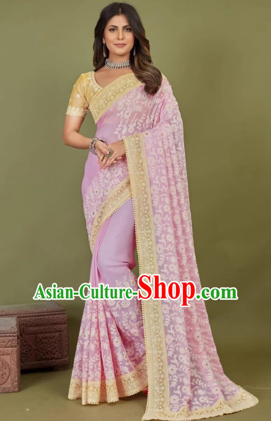 Pink Chiffon Indian Saree Embroidered National Ladies Wrap Skirt Sari