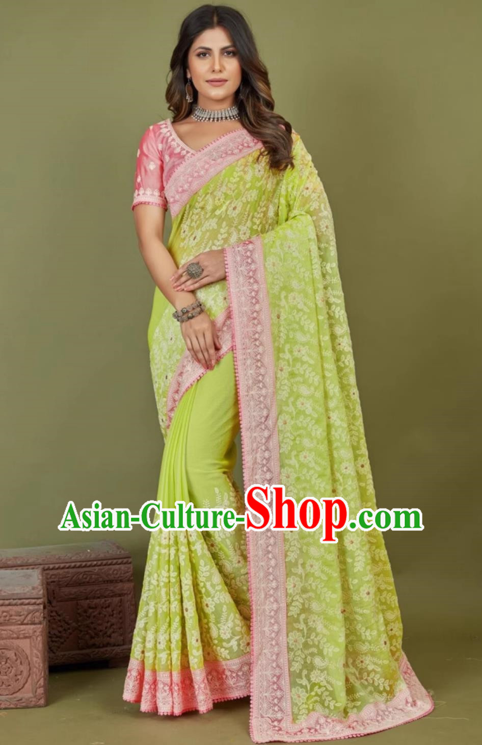 Emerald Green Chiffon Indian Saree Embroidered National Ladies Wrap Skirt Sari