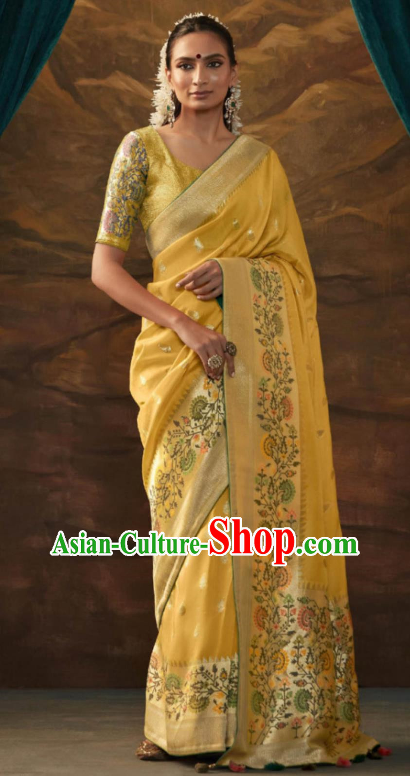 Yellow Indian Saree National Women Wrap Skirt Sari Dress Premium Silk Jacquard Clothes