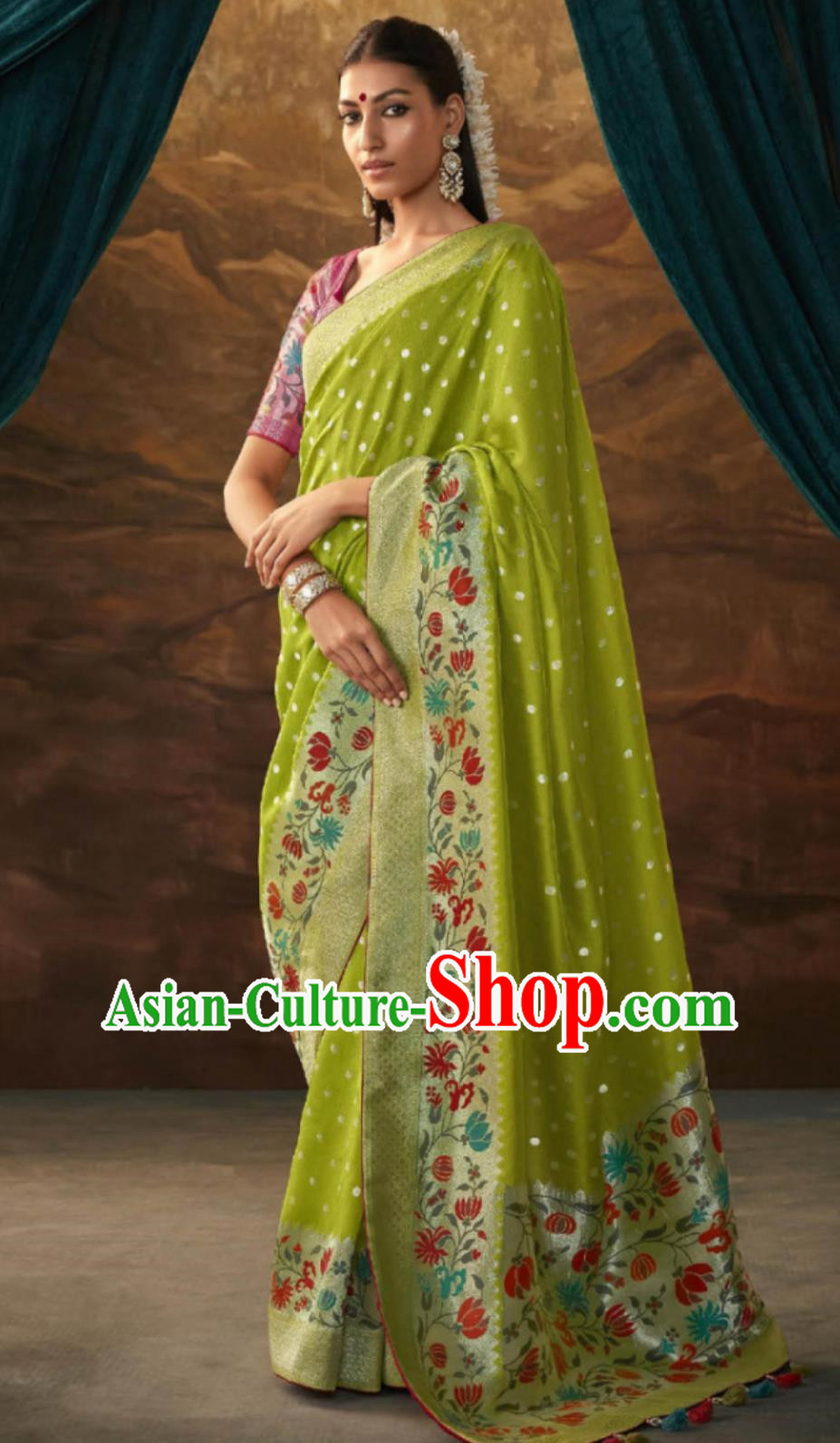 Light Green Indian Saree National Women Wrap Skirt Sari Dress High End Silk Jacquard Clothing