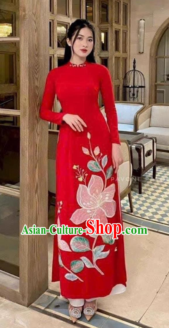 Red Embroidered Vietnamese Ao Daijing Ethnic Style Slit Skirt Retro Suit
