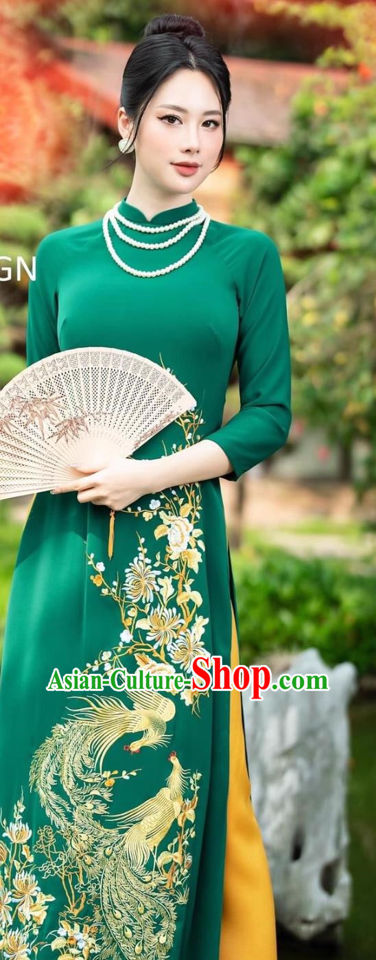 Peacock Embroidery Noble Green Vietnamese Ao Daijing Ethnic Costume Ethnic Stage Classical Cheongsam