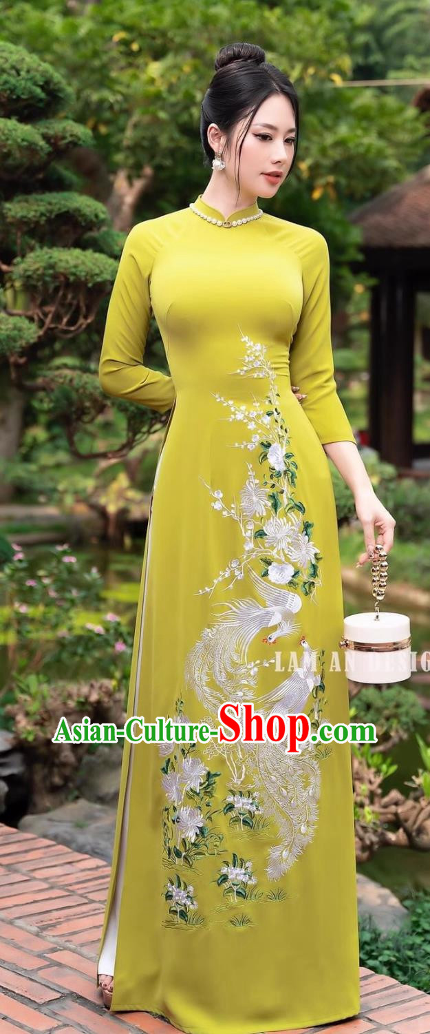 Peacock Embroidery Yellow Vietnamese Ao Daijing Ethnic Costume Ethnic Stage Classical Cheongsam