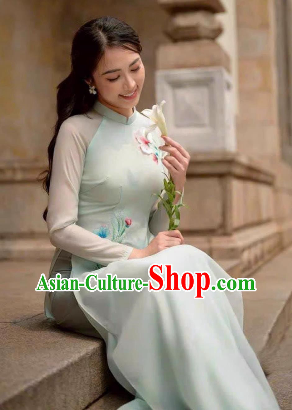 Double Layer Embroidery Vietnamese Ao Daijing Women Clothing Slit Ethnic Style Skirt Classical Suit