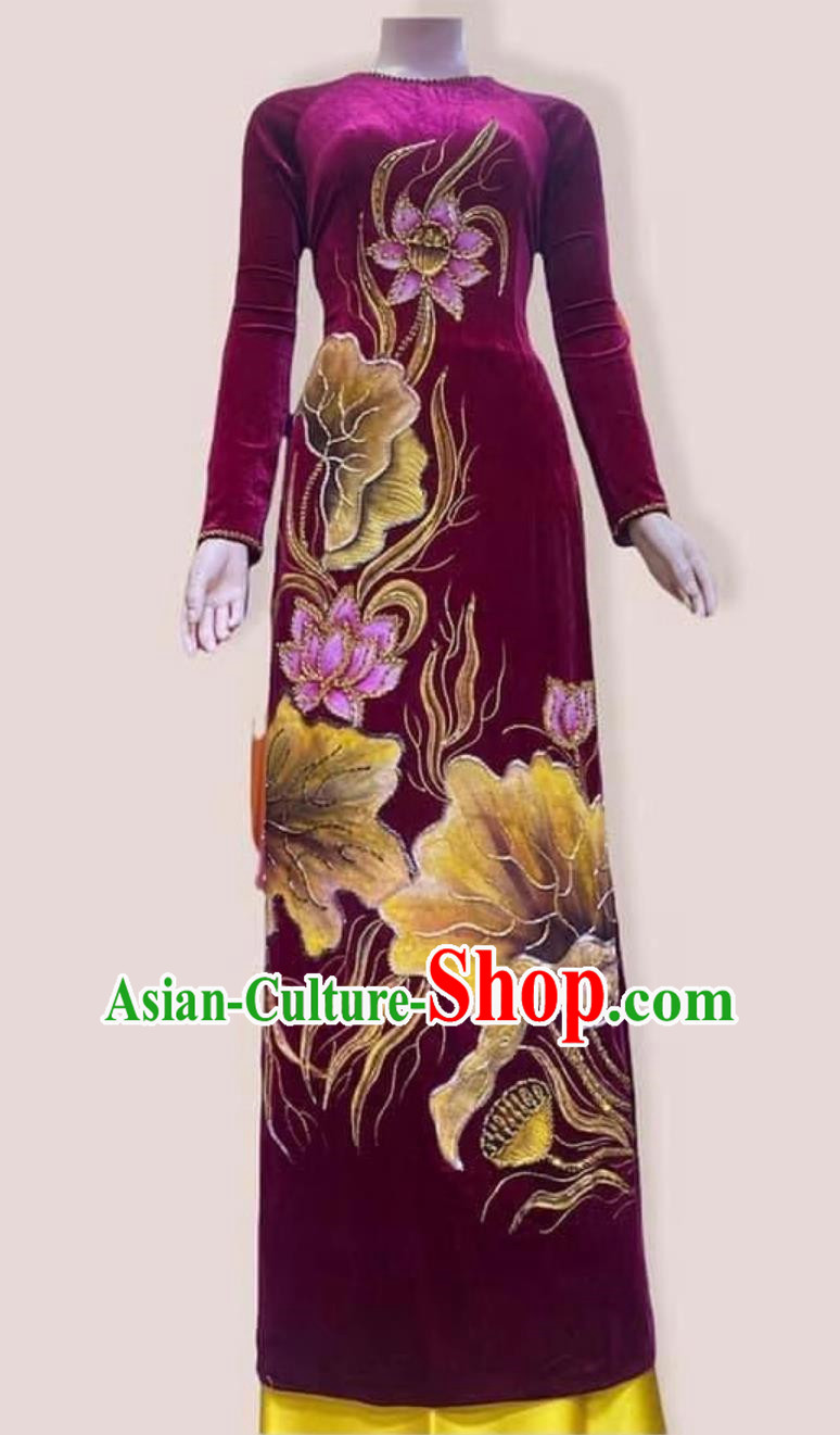 Gold Velvet Hand Painted Ao Dai Improved Version Of Cheongsam With Lotus Pattern Cheongsam Performance Costume Stage Costume