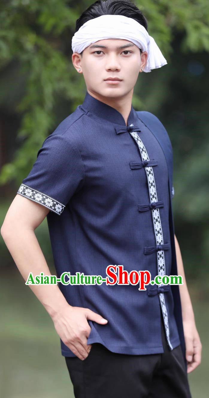 Navy Blue Dai Men Tops Short Sleeved Button Down Shirt Daily Wear