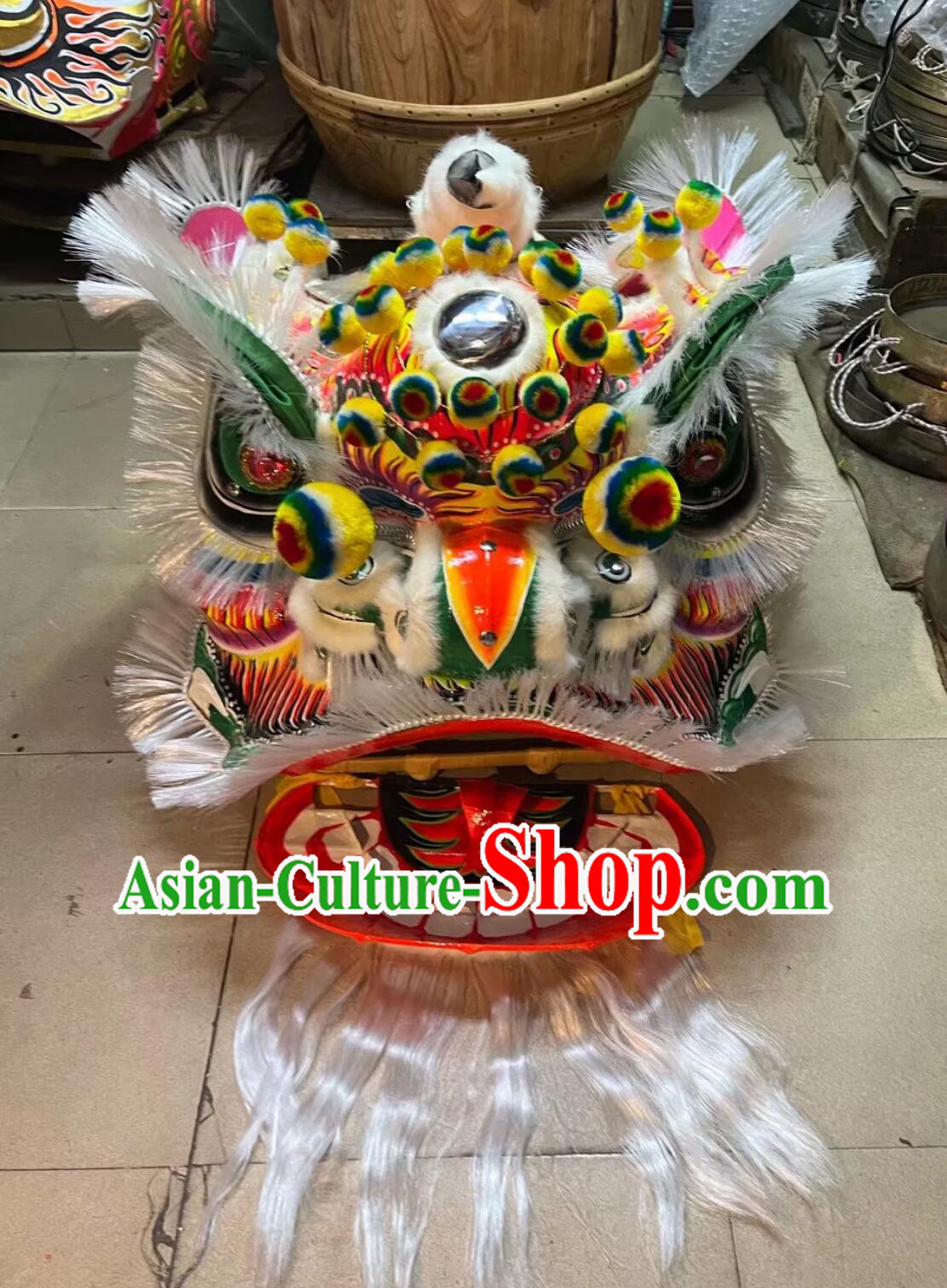 Professional Dancing Lion Handmade White Horsehair Fut San Lion Chinese Traditional Lei Bei Dance Lion Costume Complete Set