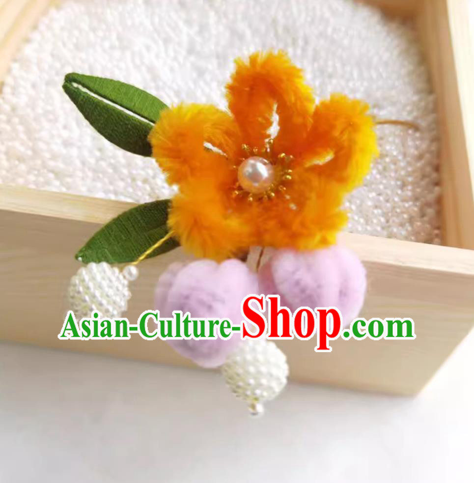 Chinese Traditional Headpiece Handmade Hair Jewelry Hanfu Velvet Flower Hairpin Orange Wrapped Plum Blossom Hair Stick