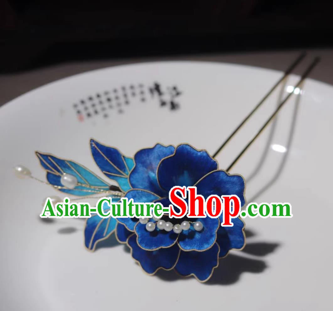 Chinese Silk Royal Blue Camellia Hair Stick Cheongsam Hanfu Headwear Ancient Hair Jewelry Intangible Cultural Heritage Velvet Flower Hairpin