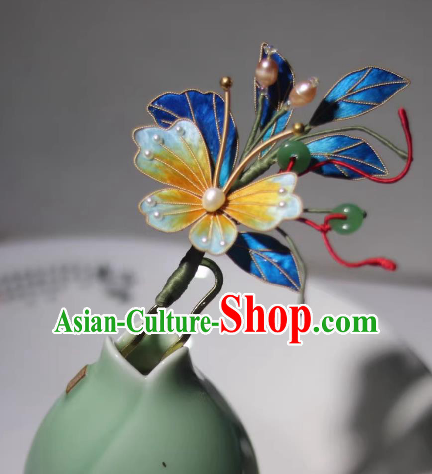Intangible Cultural Heritage Velvet Flower Hair Stick Chinese Ancient Hair Jewelry Ming Dynasty Hanfu Headpiece Handmade Blue Butterfly Hairpin