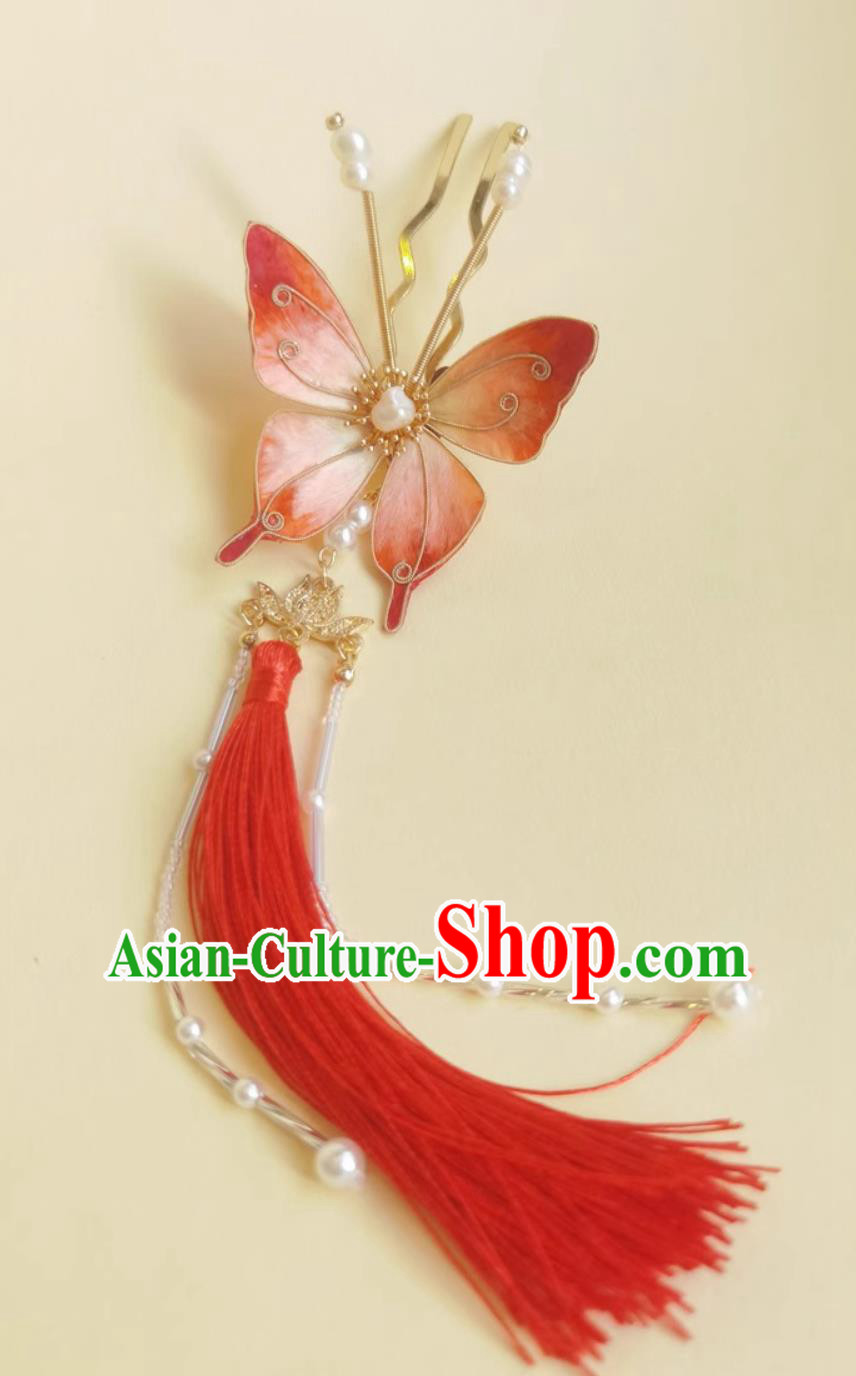 Handmade Tassel Hair Clip Chinese Qipao Headpiece Hanfu Hair Accessory Intangible Cultural Heritage Velvet Silk Red Butterfly Hairpin