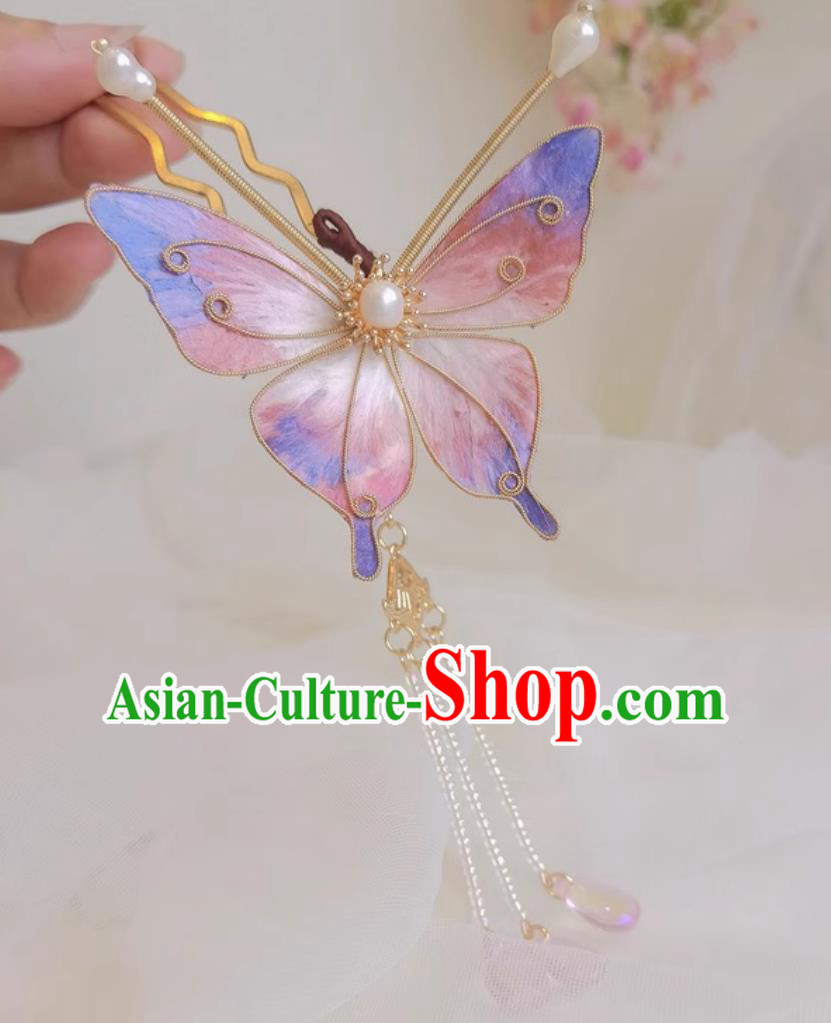 Chinese Qipao Headpiece Hanfu Hair Accessory Intangible Cultural Heritage Velvet Silk Pink Butterfly Hairpin Handmade Tassel Hair Clip